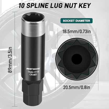10 Spline Lug Nut Key, for TA20-17/19 10 Point Lug Nut Socket | Compatible with Bimecc 10 Spline Lug Nut Socket, Double Layer Reinforcement, Dual Hex Drive, CR-MO Steel - size: TA20-17/19