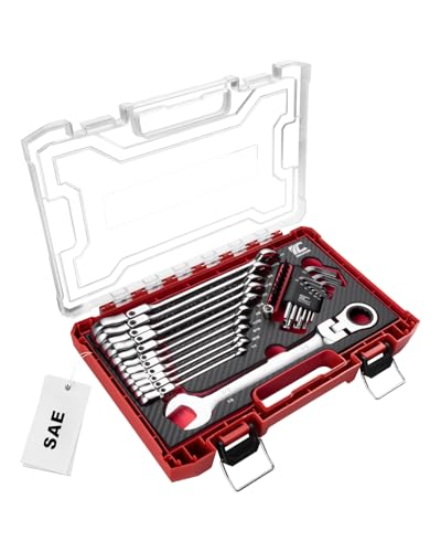 ROTATION 32 Piece SAE Flex-Head Ratcheting Wrench Set, 1/4" to 7/8" Combination Ratcheting Wrenches with Hex Keys, Bits, and 1/4" Adapter, Chrome Vanadium Steel, Includes Storage Case - size: SAE