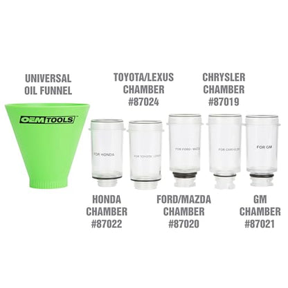 OEMTOOLS 87039 Oil Funnel Kit, No Spill Oil Funnel Kit, 8 Attachments, Transparent Chamber, Compatible with Chrysler, Ford/Mazda, GM, Honda, Toyota/Lexus, Funnels for Automotive Use - size: Universal Set