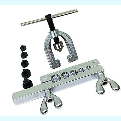 Automobile Double Flaring Tool kit with Extra 5 Dies(3/16,1/4,5/16,3/8 and 1/2 inch) of adapters for Brake Brass Tube and Copper Aluminum line.45 Degree Flare Tool.
