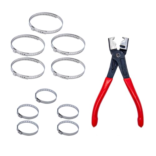 10pcs Stainless Steel CV Boot Clamp with 1pc Heavy Duty Hose Clip Pliers, Small and Large Adjustable Drive Shaft CV Boot Crimp Clamp Universal Car Accessories Ear Type Extension