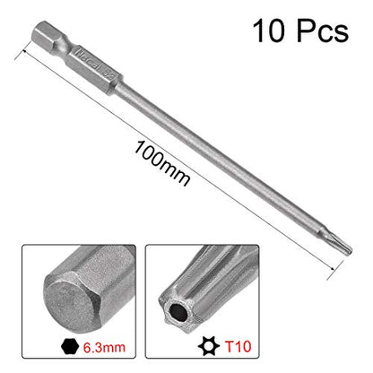 uxcell 10 Pcs T10 Magnetic Torx Screwdriver Bits, 1/4 Inch Hex Shank 3.94-inch Length S2 Security Tamper Proof Screw Driver Kit Tools - size: T10