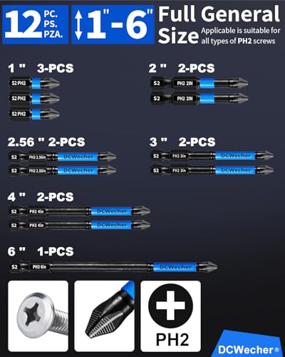 12-Pack 2 Phillips Bits #2 Impact Magnetic, Professional Long Phillips Head Drill & Screwdriver Bit (1-6-Inch), S2 Alloy Steel, CNC Anti-Slip, 1/4" Hex Shank, Ph2 for Impact Driver, by DCWecher - size: 1inch- 6 inch 12-pcs PH2