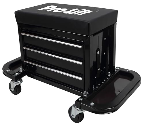 Pro-Lift Mechanic Roller Seat with Tool Box - 3-Drawer Rolling Tool Chest Stool with Padded Seat Cushion for Garage Creeper – 400 Lbs Capacity