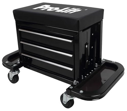Pro-Lift Mechanic Roller Seat with Tool Box - 3-Drawer Rolling Tool Chest Stool with Padded Seat Cushion for Garage Creeper – 400 Lbs Capacity