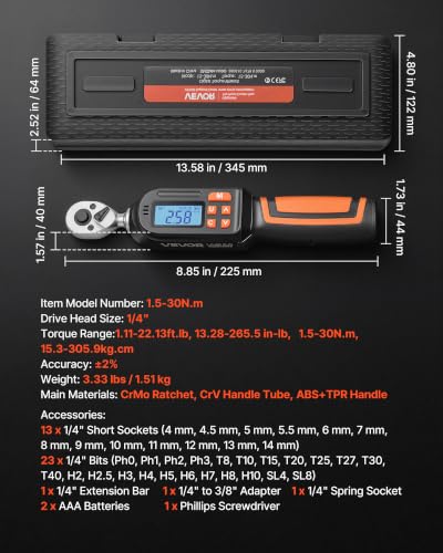 VEVOR Torque Wrench Set 1/4" Drive 42-Piece Digital Torque Wrench 4 Units, ±2% Accuracy, LCD Screen, with Buzzer and LED Indicator, with Sockets, Bits, Extension Bar, Adapter, for Automotive Repair