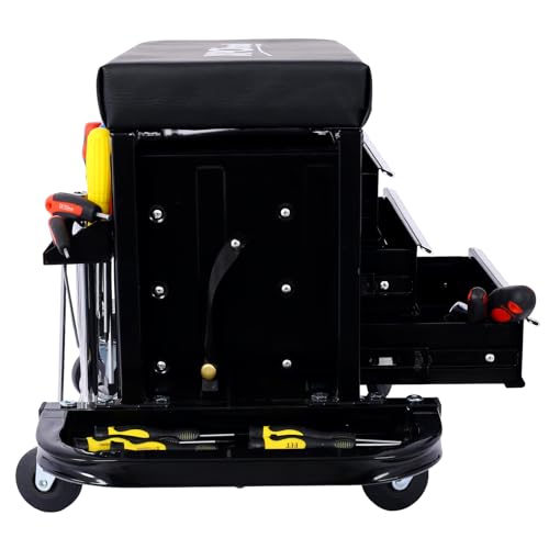 Mechanic Roller Seat with Tool Box, 3-Drawer Rolling Tool Chest Stool Mechanic Stool with Side Tool Trays