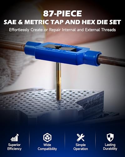 OMT 87pc Tap and Die Set, Titanium-Plated SAE and Metric Threading Kit | M3-M16 and #4-5/8 Inch, GCr15 Bearing Steel, Internal and External Threads, Center Punch, Mechanics Machinists Garage & Shop - size: 87 pc Metric and SAE