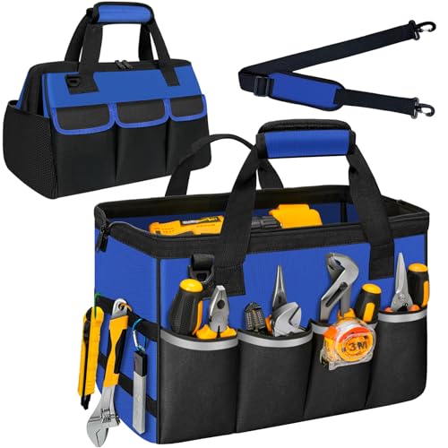 Portable Tool Bag Heavy Duty Tool Box Organizer with Shoulder Strap, Blue | Heavy-Duty Tool Tote With Wide Mouth Opening & Adjustable Shoulder Strap. Durable Storage Bag For Mechanics & Engineers. - color: Blue & Black, size: L