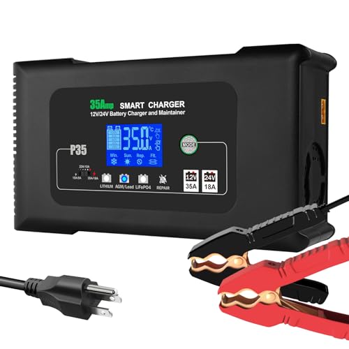 Battery Charger 0-35A,12V/24V Smart Car Battery Charger for Lithium,LiFePO4,Lead Acid,AGM,RV,Marine,Boat, Deep Cycle Batteries,9 Stage with Pulse Repair,Trickle Charger & Maintainer - color: black