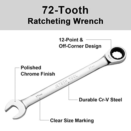 Jetech 27mm Ratchet Wrench, Ratcheting Combination Wrench Metric, Industrial Grade Gear Spanner with 12-Point Design, 72-Tooth Ratchet, Chrome Vanadium Steel - size: 27mm