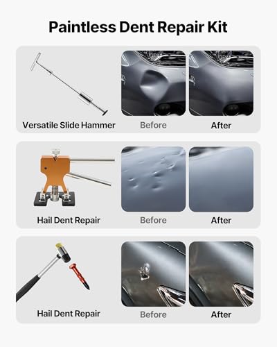 VEVOR Dent Puller Kit, 61 PCS Paintless Dent Removal Kit with Golden Lifter, Slide Hammer T-Bar, Glue Gun, Auto Body Hail Damage Repair Remover Tools for Car Refrigerator Large Small Door Ding Repair - style: 61PCS