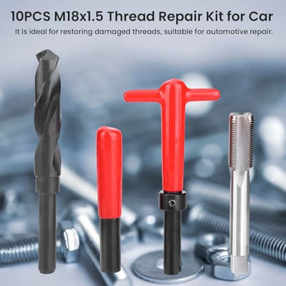 Jeanoko 10PCS M18x1.5 Thread Repair Kit, High Strength Stainless Steel Twisted Drill Tap Wrench,Threaded Insert Tools Set for Automotive Parts, Thread Repair Insert Kit for Damaged Thread Repair