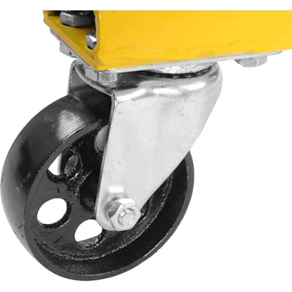 JEGS Transmission Jack | Hydraulic | Adjustable | 1000 LBS Capacity | High-Lift Handle Operated | Adjustable Load Arms | Yellow Steel Frame | 4 Caster Wheel Design | Adjustable Hydraulic Transmission Jack for automotive tools garage applications; steel co