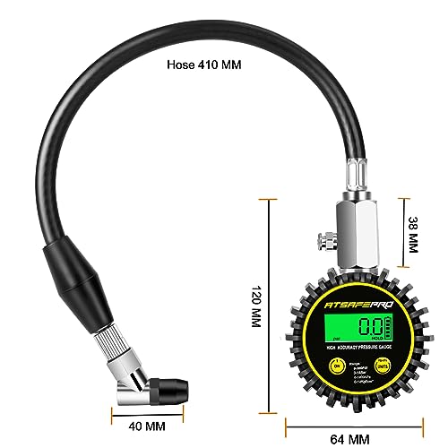 Digital Tire Pressure Gauge,ATsafepro Tire Pressure Gauge with Flexible Hose and Angled Chuck, Tire Pressure Gauge for Cars,Air Pressure Gauge - Professional Accuracy - 200 PSI