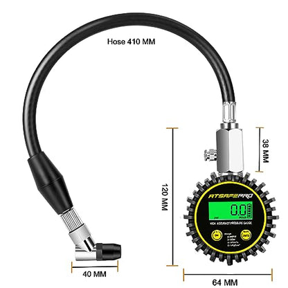 Digital Tire Pressure Gauge,ATsafepro Tire Pressure Gauge with Flexible Hose and Angled Chuck, Tire Pressure Gauge for Cars,Air Pressure Gauge - Professional Accuracy - 200 PSI