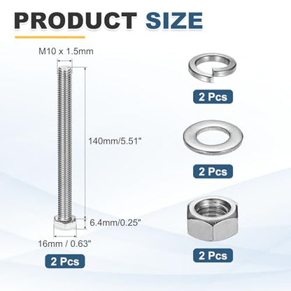 MECCANIXITY M10 x 140mm 304 Stainless Steel Hex Head Screws Bolts, Nuts, Flat & Lock Washers Assortment Kit, Fully Threaded, Bright Finish for Home, Electronic, Machine, 2 Sets - size: M10 x 140mm