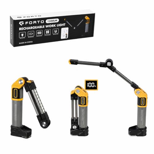 FORTO Rechargeable Magnetic Work Light,LED Flashlight for Mechanics,Aerospace Aluminum Alloy,1500 Lumens,Dual Folding Panels,6 Modes,for Garage,Auto Mechanic,Emergency,Workshop – Great Gift