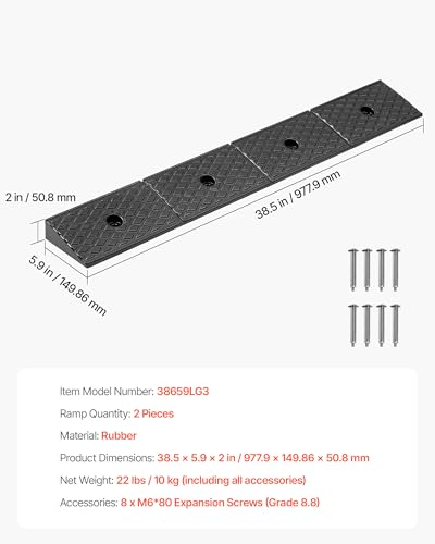 VEVOR 2 Pack Rubber Curb Ramp, 33069 lbs Load Capacity, 2 Inches Rise Height Heavy Duty Rubber Threshold Ramp with Drainage Tank for Strollers, Motorcycles, Cars, Lawn Mowers & Trailers