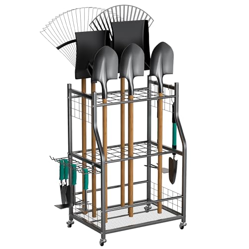EVERHANGER Garden Tool Organizer Stand, Garage Tool Storage Organization, Yard Tool Racks with lockable wheels, Fit for Long-Handled Tools/Rakes/Brooms, Indoor/Outdoor Use - size: Medium