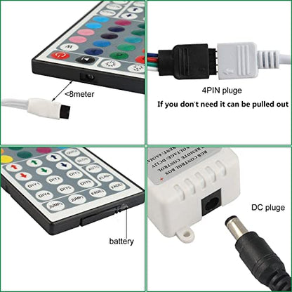44 Key RGB LED Strip Lights IR Remote Controller with Wireless Rectifier Control Box and DC 12V 3A Power Supply Plug Adapter for 2835 3528 5050 LED Strip Lights Flexible Tape Lighting