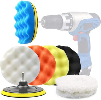 POLIWELL 11 PCS 6 Inch Car Polishing Sponge Pads Kit | 8mm M14 Drill Adapter, Wool Bonnets, Buffing for Household Electric Auto Polisher, Washing Cleaning Waxing Dusting - size: 6 Inch