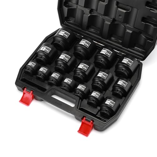 CASOMAN 16PCS 1/2" Drive Shallow Spindle Axle Nut Impact Socket Set, 6-Point, Large Socket Set, SAE(1-5/16" to 2-1/4"), CR-MO