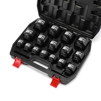CASOMAN 16PCS 1/2" Drive Shallow Spindle Axle Nut Impact Socket Set, 6-Point, Large Socket Set, SAE(1-5/16" to 2-1/4"), CR-MO