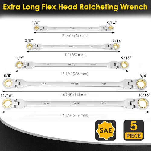 Extra Long Flex-Head Ratcheting Wrench Set, SAE 1/4" to 13/16", 5 Pcs Double Box End Long Handle Ratchet Wrenches, 72-Teeth, CR-V Labor-Saving Aviation Spanner with Pouch, Extra Torque for Tight Bolts - size: Extra Long Set SAE