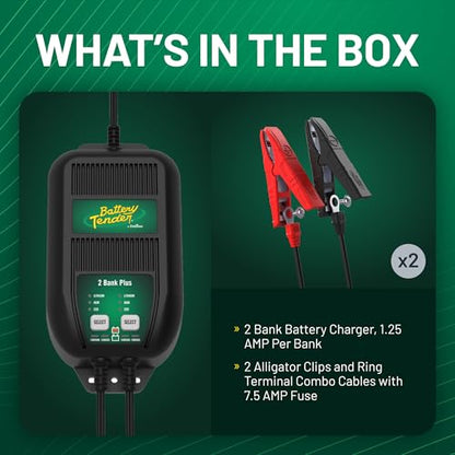 Battery Tender Plus 2 Bank Multibank Charger - 2.5 AMP (1.25 AMPs Per Bank) - Smart 12V Multi Battery Charger and Maintainer for Standard, AGM, and Lithium LiFePO4-022-0165-DL-WH