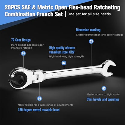 LOSCHEN 20PCS SAE & Metric Ratcheting Combination Wrench Set, with Open Flex-head, Open End Spanner Set with 72-Tooth Gear, CR-V Steel
