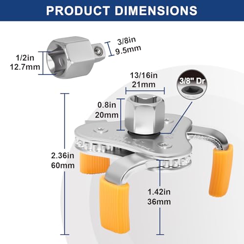 Spurtar 3-Jaw Oil Filter Wrench Adjustable 2-11/16" to 4-1/16" 68mm-104mm | Oil Filter Removal Tool with Removable Protective Sleeves for Car, SUV & Truck