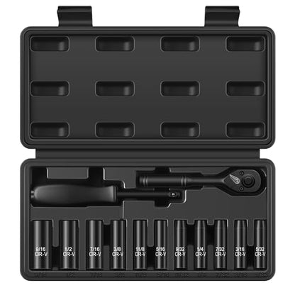 Reniteco 13-Piece 1/4" Drive Socket Set, SAE (3/16"- 11/32"), Deep Sockets, 72-Tooth Ratchet Wrench, Drive Spinner Handle, 6 Point Design, Cr-V - size: 1/4" 13 PCS SAE