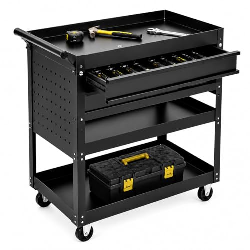 Garvee 30 Inch Rolling Tool Cart on Wheels, 3 Tier Steel Utility Tool Cabinet with 2 Drawer and Casters, Heavy Duty Tool Chest for Garage, Warehouse and Workshop