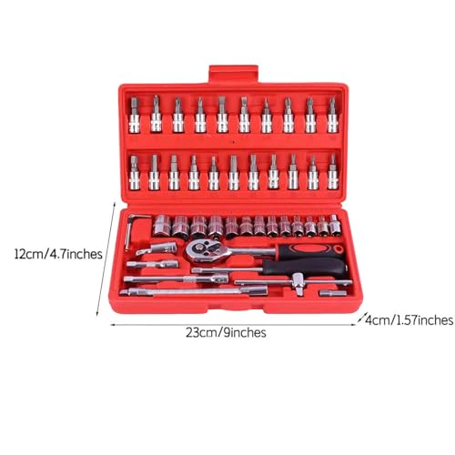Electric Ratchet Set – 3/8 Drive Wrench Kit, 46-Piece Hand Tool Collection | Multi-Purpose Mechanic Equipment for Automotive, Marine, DIY and Home Projects - color: Red