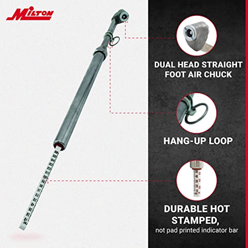 Milton S-976 Dual Head Chuck Tire Pressure Service Gauge, Plated Brass Tube, 12 3/4” 1-160 PSI