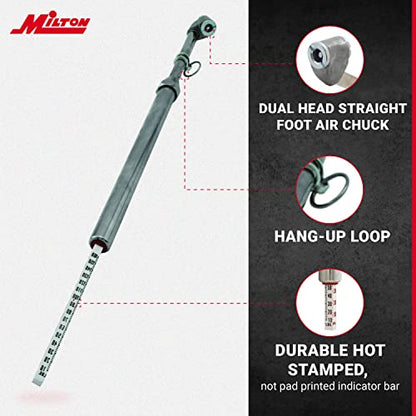 Milton S-976 Dual Head Chuck Tire Pressure Service Gauge, Plated Brass Tube, 12 3/4” 1-160 PSI