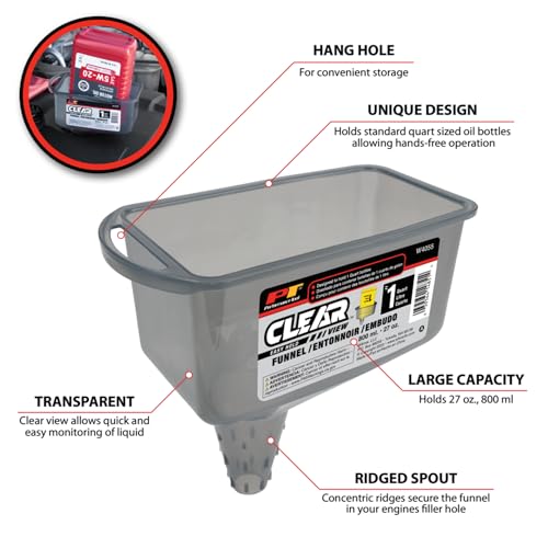 Performance Tool W4055 Clear View Easy Hold Funnel 2 Pint - Hands-Free Oil Changes, Secure Fit, Easy Monitoring