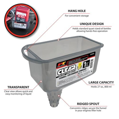 Performance Tool W4055 Clear View Easy Hold Funnel 2 Pint - Hands-Free Oil Changes, Secure Fit, Easy Monitoring