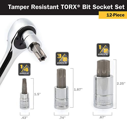 Titan 16121 12-Piece Tamper Resistant Torx Bit Socket Set, Magnetic Socket Organizer with Laser-Etched Size Markings - style: TR Torx
