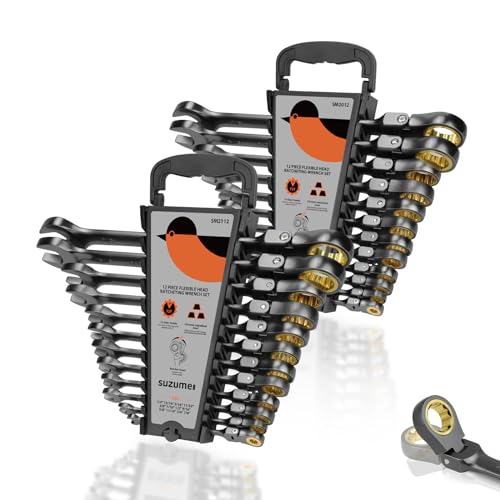 SUZUME 24-piece Flex Head Ratcheting Wrench Set Metric & SAE 180° flexible | 8-19mm & 1/4"-7/8" Cr-V Black Nickel Coating 72-tooth for Car, SUV, Pickup, Moto, Bike,Machine Repair Home DIY with Organizer - size: 24-Piece, style: Metric and SAE