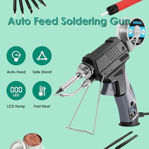 Soldering Iron gun Kit,60W Auto Feed Soldering Kit with Adjustable Temperature LCD Display,Wire,Tip Cleaner,5 Tips,Pump,Tweezers for Electronic PCB Repair,DIY - style: Gun