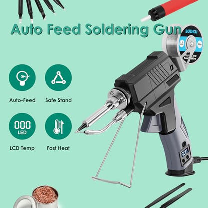 Soldering Iron gun Kit,60W Auto Feed Soldering Kit with Adjustable Temperature LCD Display,Wire,Tip Cleaner,5 Tips,Pump,Tweezers for Electronic PCB Repair,DIY - style: Gun