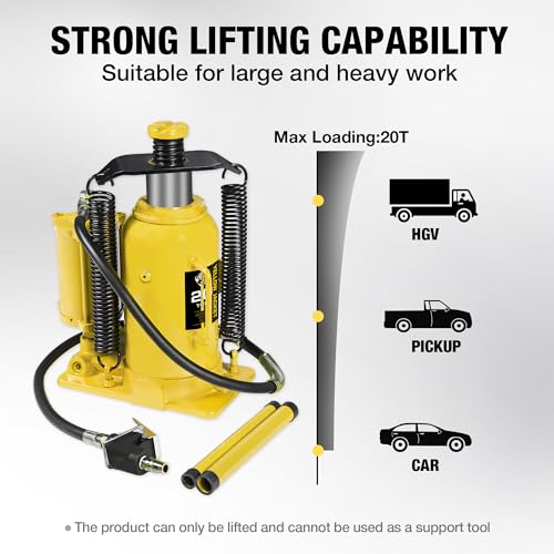 YELLOW JACKET 20 Ton Pneumatic Bottle Jack – Heavy-Duty Air/Hydraulic Lift for Trucks & Autos, Manual & Air Pump Operation, Yellow