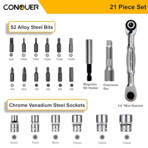 CONQUER 21-Piece 1/4" Drive Mini Ratchet Spline Socket Set, SAE/Metric | 72-Tooth Dual Head Ratchet, Quick Release & Spin Disc, CR-V Spline Sockets 6-13mm, S2 Bits, Knurled Grip, Portable Kit - style: 21 PC Spline Socket Set