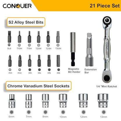 CONQUER 21-Piece 1/4" Drive Mini Ratchet Spline Socket Set, SAE/Metric | 72-Tooth Dual Head Ratchet, Quick Release & Spin Disc, CR-V Spline Sockets 6-13mm, S2 Bits, Knurled Grip, Portable Kit - style: 21 PC Spline Socket Set