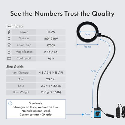 Magnetic LED Work Light with Magnifying Glass 23.5in Flexible Gooseneck for Sewing and Drill Press, 3400Lux 10.5W 110V