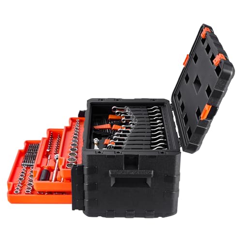 VEVOR Mechanics Tool Set and Socket Set, 450 Pcs, 1/4, 3/8 and 1/2 inch Drive Deep and Standard Sockets, SAE Metric Mechanic Tool Kit with Bits, Wrenches, Accessories, Storage Case with Orange Drawer - size: 1/4"&3/8"&1/2", style: NEW 450 PC