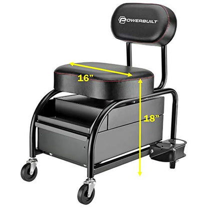 Powerbuilt Professional Car Detailers Mechanics Roller Seat, Heavy Duty Garage Stool with Thick Padded Seat and Backrest, 2 Sliding Storage Drawers, Tool Tray, Can Holders, 3in. Swivel Casters–240299 - style: Heavy Duty