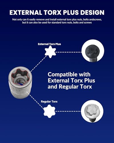 External Torx Plus Socket Set 6 Point EP Socket EP4, EP5, EP6, EP7, EP8, EP10, EP11, EP12, EP14, EP16, EP18, EP20, EP22, EP24, EP26, EP28, EP30, EP32 with 1/2'' 3/8'' 1/4'' Dr E-Torx Plus Sockets 19pc - size: 19PC